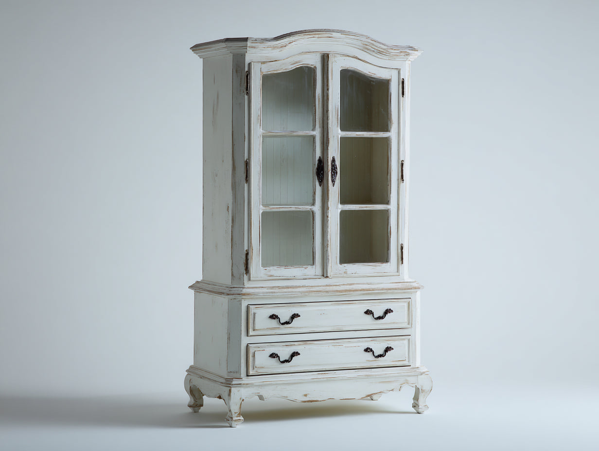 Vitrine - Bois-Verre-Métal - 105 x 45 x 195 cm - Blanc patiné-Brun-Noir - Style shabby chic