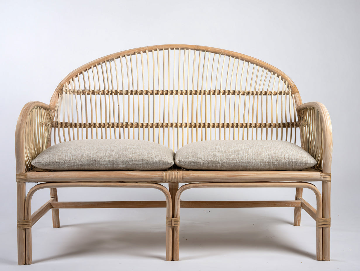 Banc de jardin - Rotin-tissu - 160 x 65 x 110 cm - Naturel-Beige - Style bohème à dossier arqué