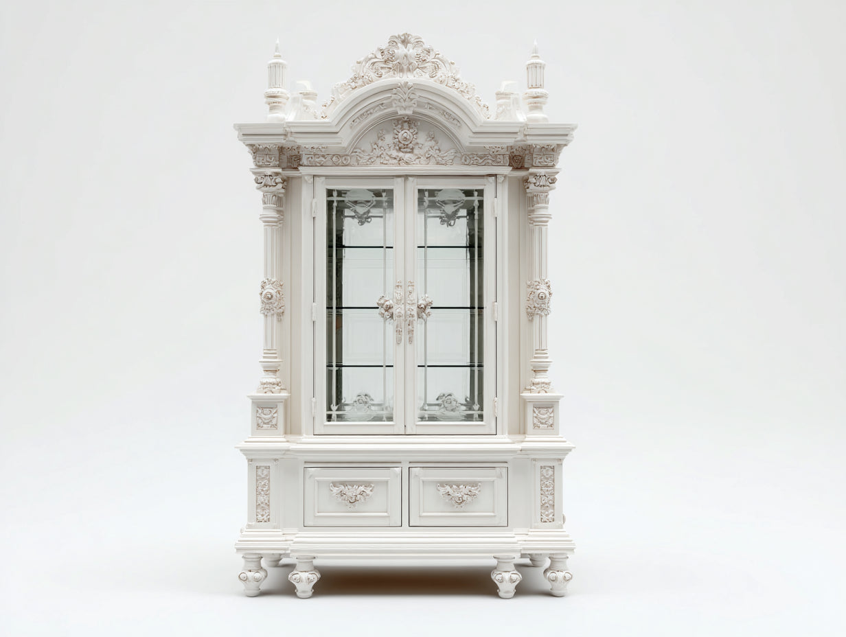Vitrine - Bois-Verre - 120 x 48 x 220 cm - Blanc ivoire - Style baroque sculpté