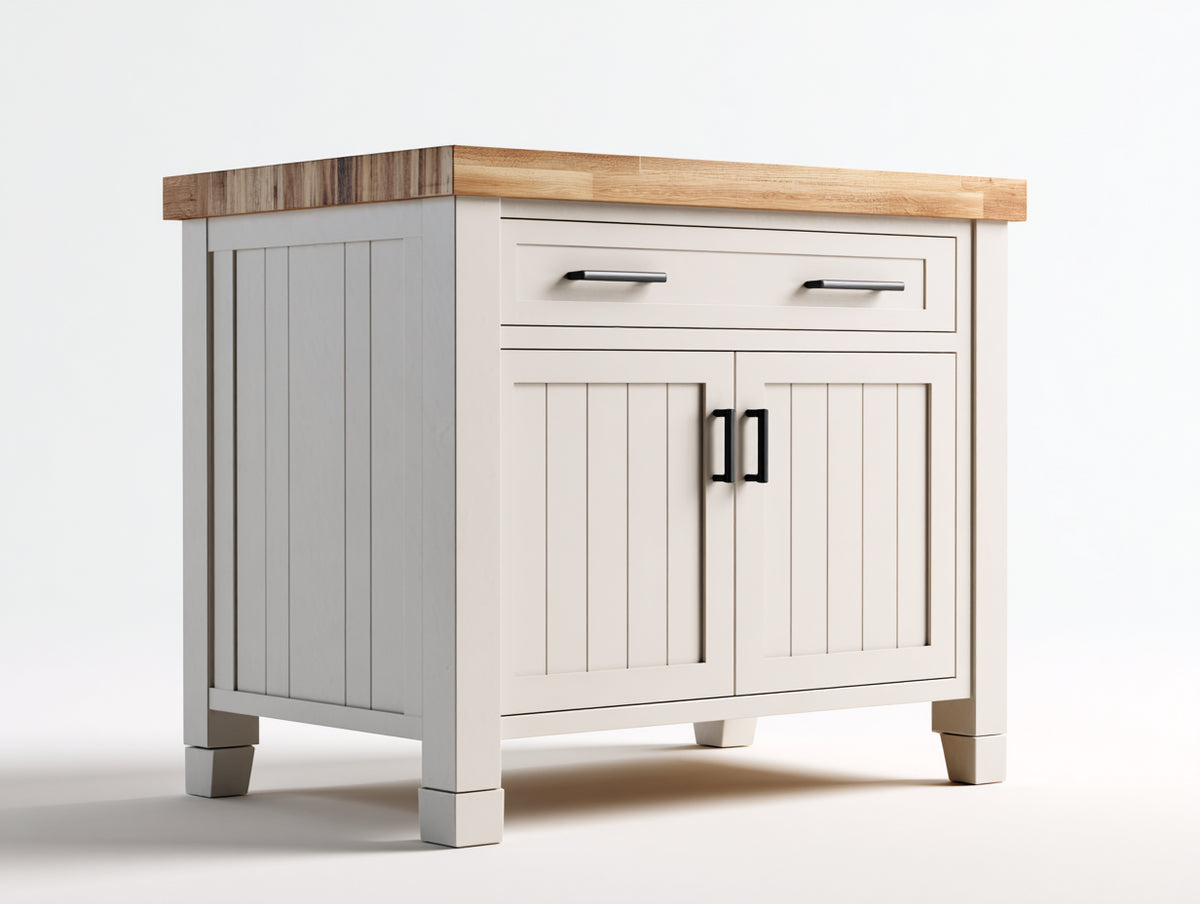 Buffet - Bois-Métal - 100 x 55 x 90 cm - Blanc cassé-Bois naturel - Style maison de campagne