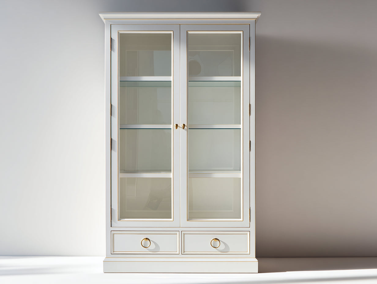 Vitrine - Bois-Verre - 105 x 42 x 190 cm - Blanc-Doré - Style classique raffiné