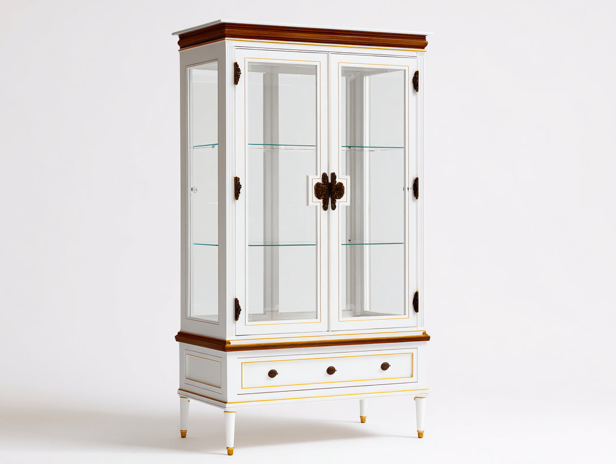 Vitrine - Bois-Verre-Métal - 110 x 45 x 195 cm - Blanc-Brun-Doré - Style classique sur pieds