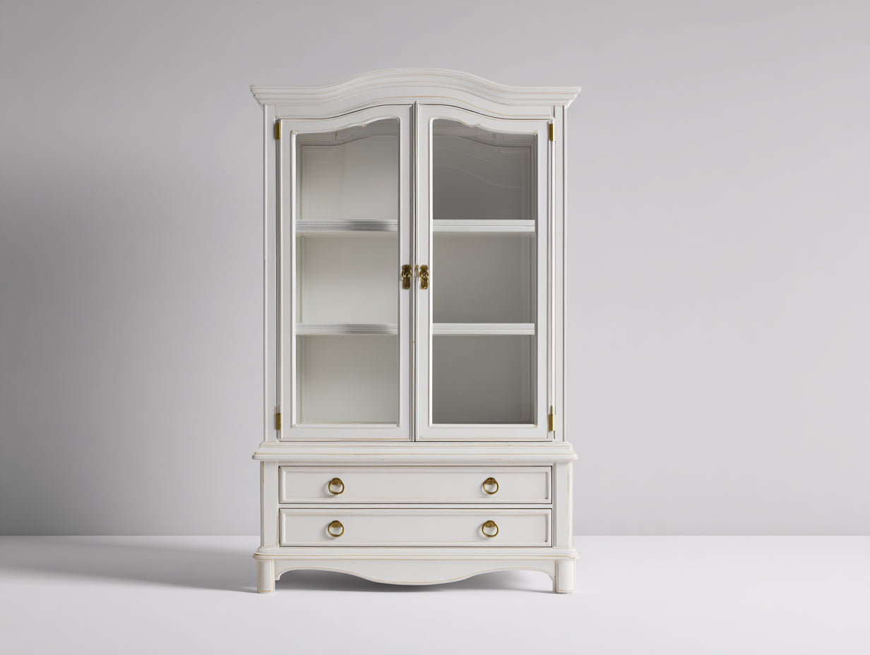 Vitrine - Bois-Verre - 100 x 42 x 190 cm - Blanc ivoire-Doré - Style classique