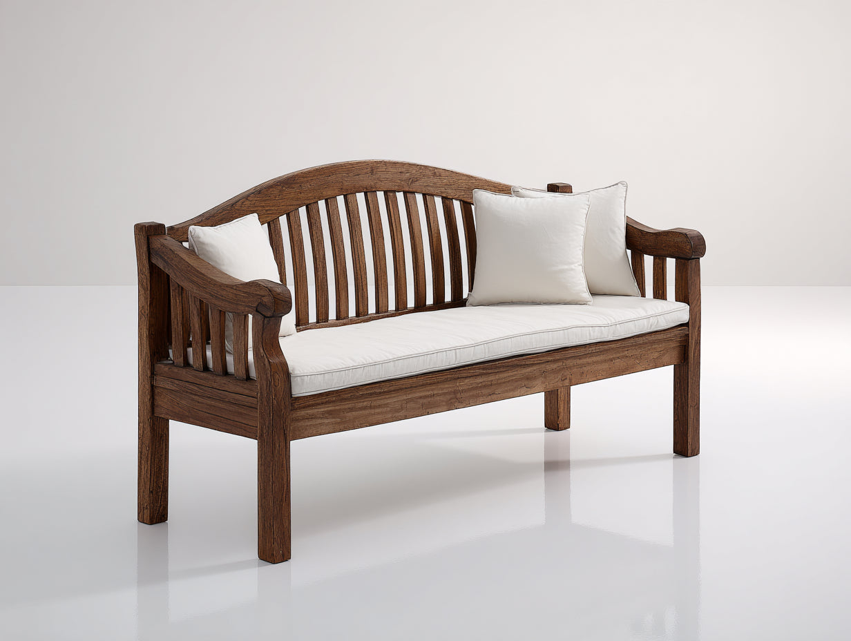 Banc de jardin - Bois massif-tissu - 170 x 65 x 90 cm - Brun foncé-Blanc cassé - Style rustique à dossier arqué